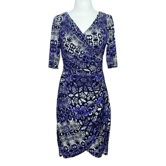 Maggy London Faux Wrap Dress Size 6 Blue Black - Picture 1 of 9